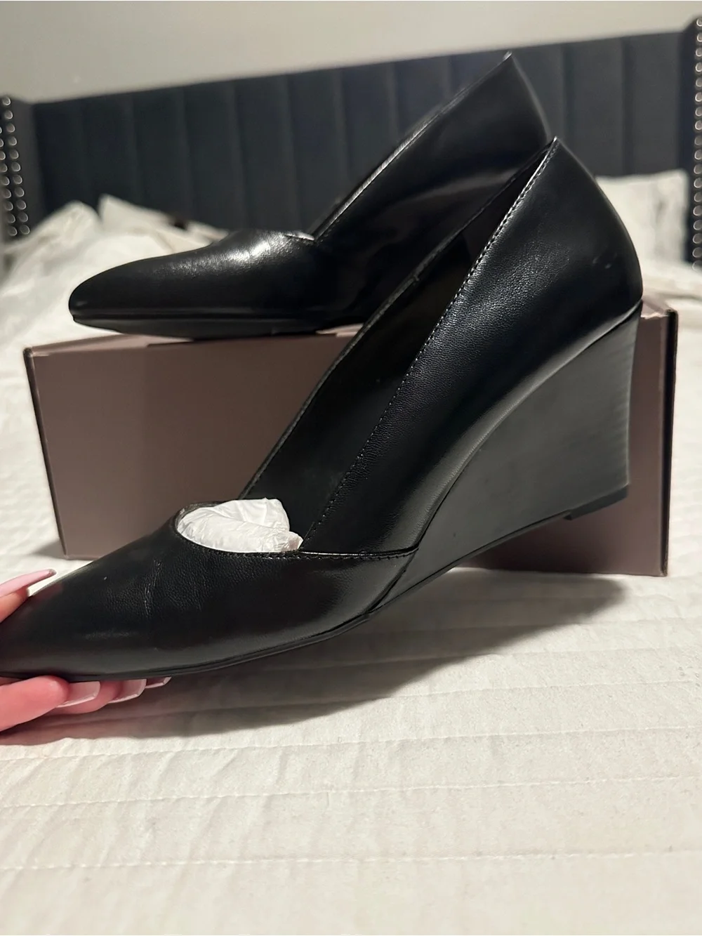 Franco Sarto black leather wedges